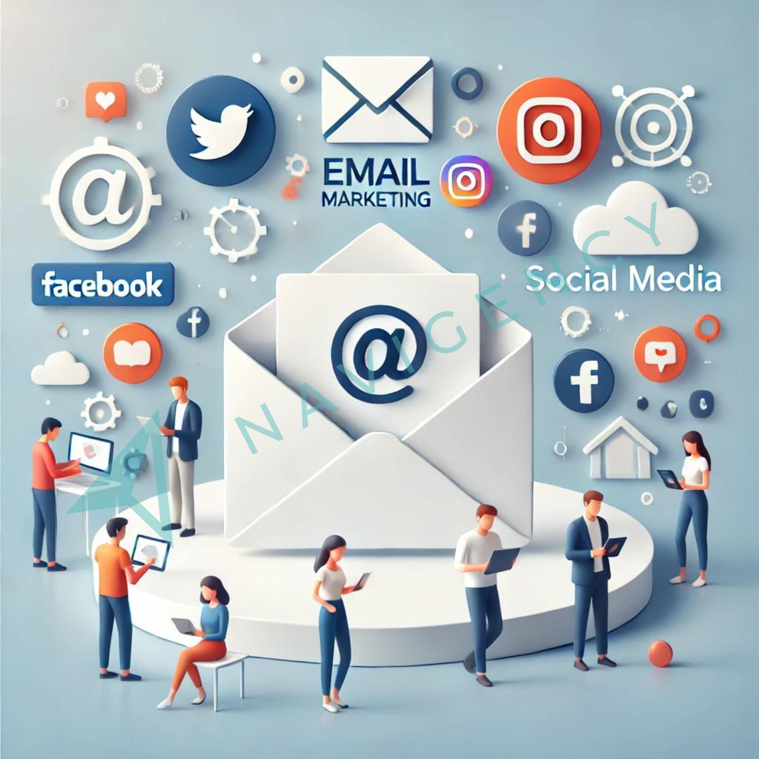 Illustration of people interacting with social media icons like Facebook, Twitter, and Instagram, centered around an envelope symbolizing email marketing. The image represents the integration of email marketing with social media for enhanced digital marketing strategies.