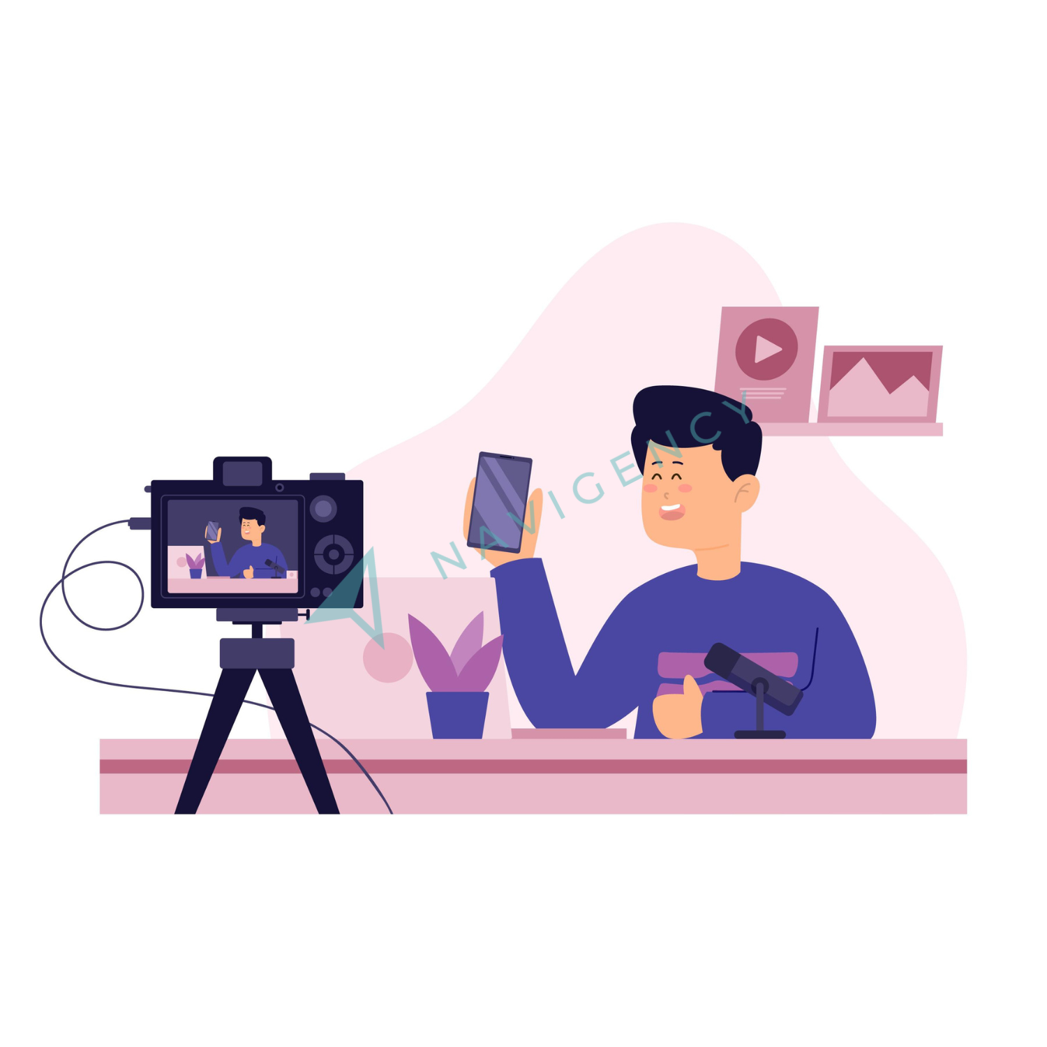 Illustration of a person recording a video with a camera, holding a smartphone and speaking into a microphone, representing the role of video content in social media marketing. The background includes social media icons, highlighting the importance of video in engaging online audiences.